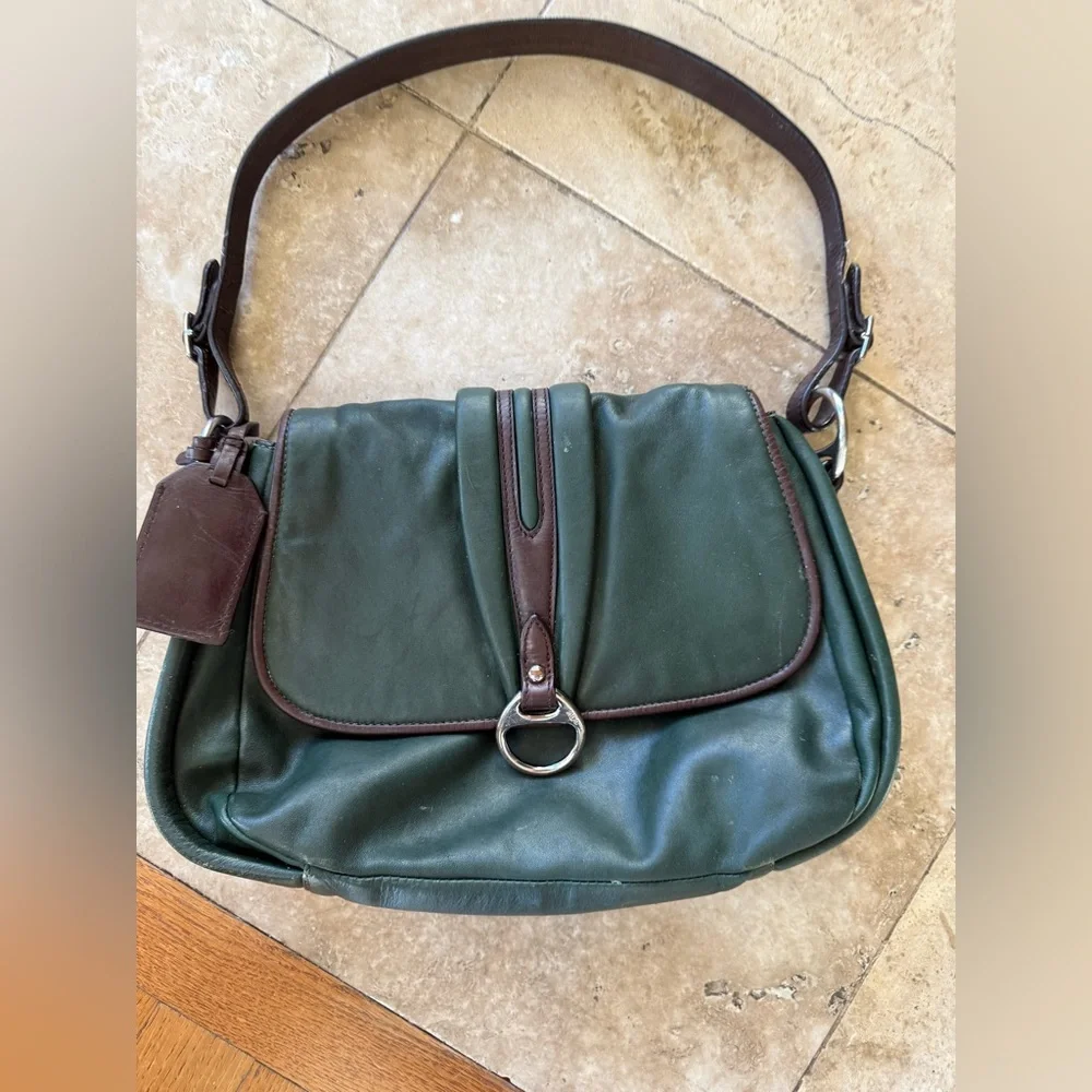 LAUREN RALPH LAUREN vintage olive, green and brown, leather handbag preowned - Picture 2 of 14